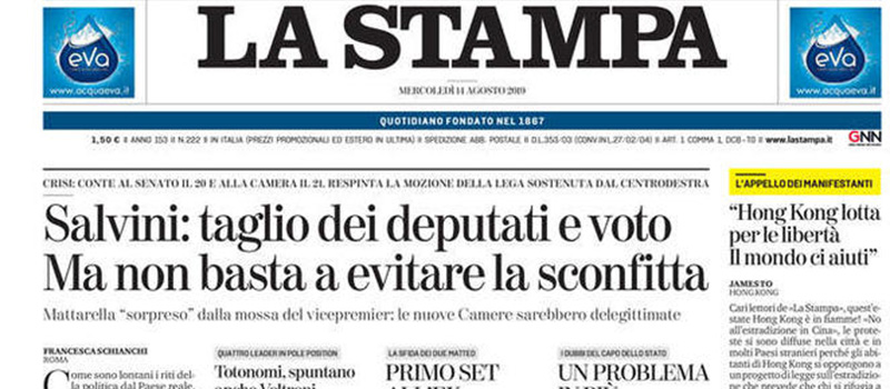 Le prime pagine dei giornali mercoledì 14 agosto 2019