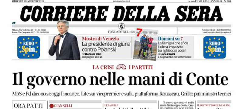 Le prime pagine dei giornali giovedì 29 agosto 2019