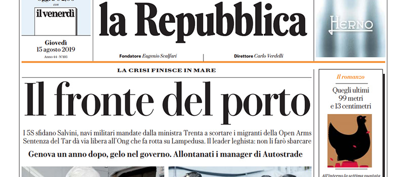 Le prime pagine dei giornali giovedì 15 agosto 2019