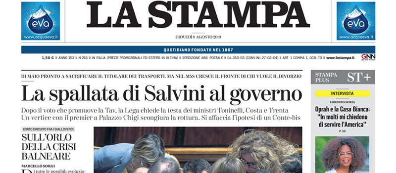 Le prime pagine dei giornali giovedì 8 agosto 2019