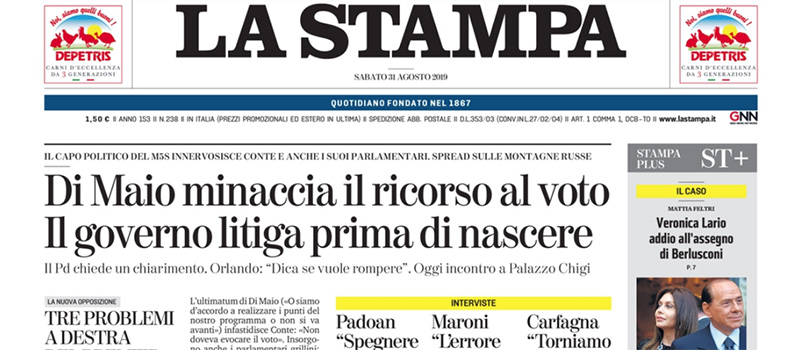 Le prime pagine dei giornali sabato 31 agosto 2019