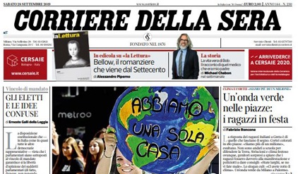 Le prime pagine dei giornali sabato 28 settembre 2019