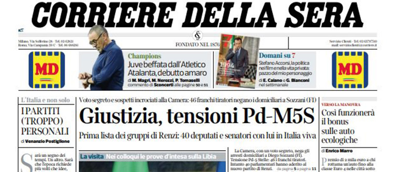 Le prime pagine dei giornali giovedì 19 settembre 2019