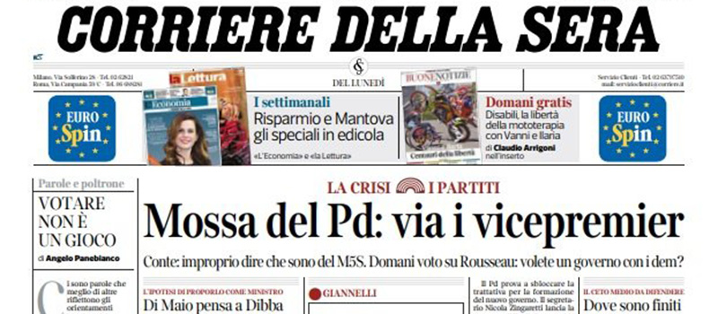 Le prime pagine dei giornali lunedì 2 settembre 2019