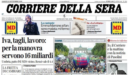 Le prime pagine dei giornali sabato 21 settembre 2019