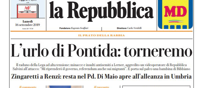 Le prime pagine dei giornali lunedì 16 settembre 2019
