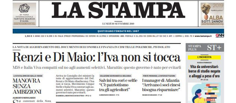 Le prime pagine dei giornali lunedì 30 settembre 2019