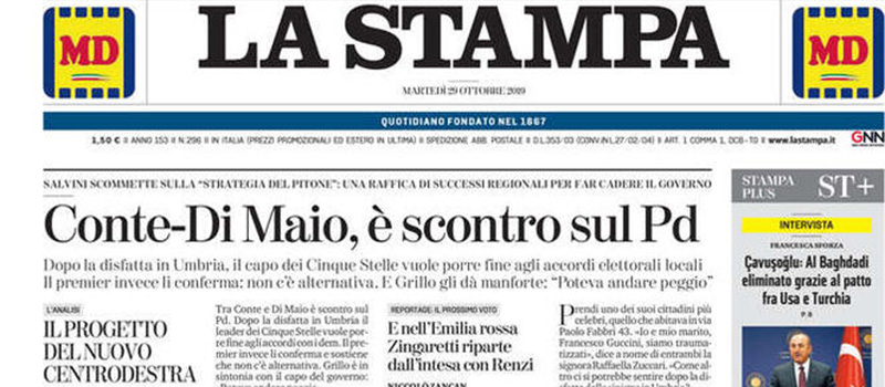 Le prime pagine dei giornali martedì 29 ottobre 2019