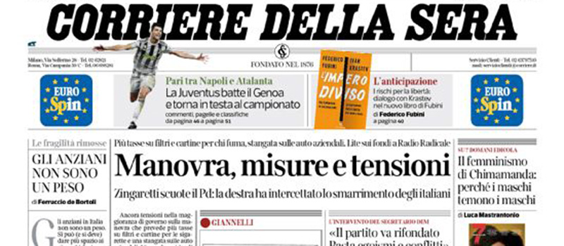 Le prime pagine dei giornali giovedì 31 ottobre 2019