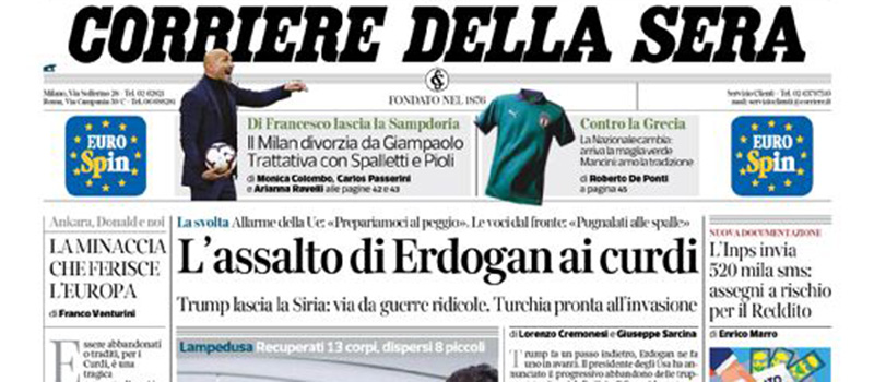 Le prime pagine dei giornali martedì 8 ottobre 2019