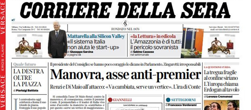 Le prime pagine dei giornali sabato 19 ottobre 2019