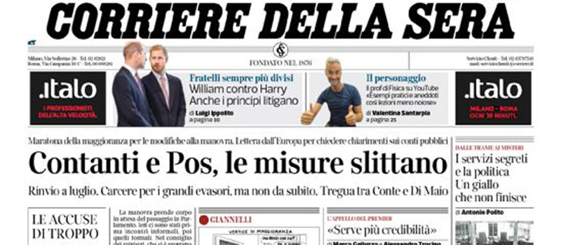 Le prime pagine dei giornali martedì 22 ottobre 2019