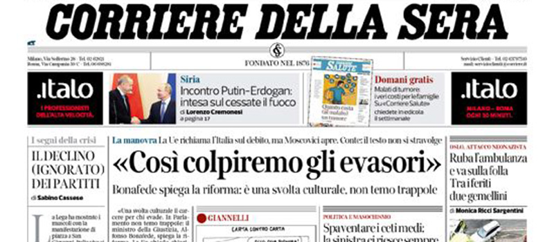 Le prime pagine dei giornali mercoledì 23 ottobre 2019