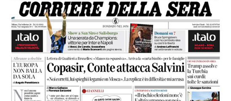 Le prime pagine dei giornali giovedì 24 ottobre 2019