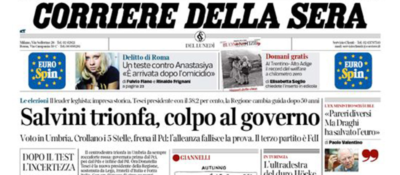 Le prime pagine dei giornali lunedì 28 ottobre 2019