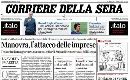 Le prime pagine dei giornali venerdì 4 ottobre 2019