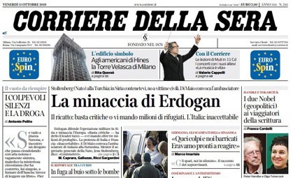 Le prime pagine dei giornali venerdì 11 ottobre 2019
