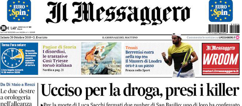 Le prime pagine dei giornali sabato 26 ottobre 2019