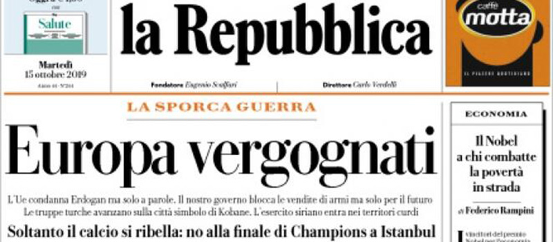 Le prime pagine dei giornali martedì 15 ottobre 2019