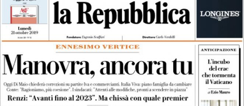 Le prime pagine dei giornali lunedì 21 ottobre 2019
