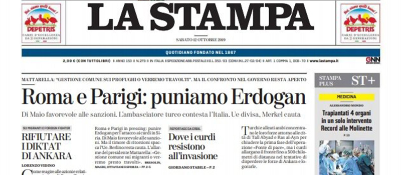 Le prime pagine dei giornali sabato 12 ottobre 2019