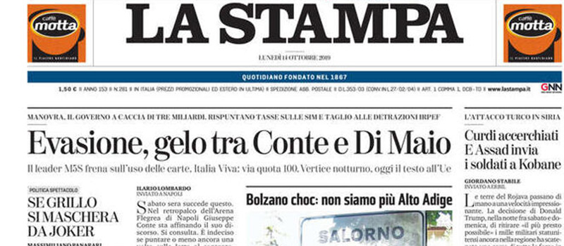 Le prime pagine dei giornali lunedì 14 ottobre 2019