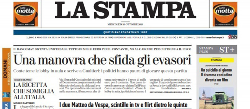 Le prime pagine dei giornali mercoledì 16 ottobre 2019