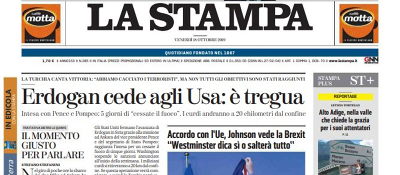 Le prime pagine dei giornali venerdì 18 ottobre 2019