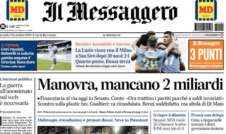 Le prime pagine dei giornali lunedì 4 novembre 2019