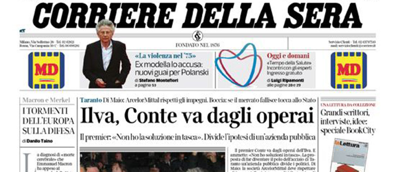 Le prime pagine dei giornali sabato 9 novembre 2019