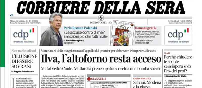 Le prime pagine dei giornali martedì 19 novembre 2019