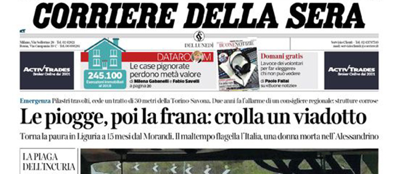 Le prime pagine dei giornali lunedì 25 novembre 2019