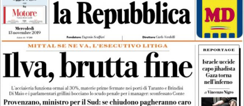 Le prime pagine dei giornali mercoledì 13 novembre 2019