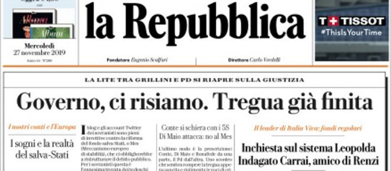 Le prime pagine dei giornali mercoledì 27 novembre 2019