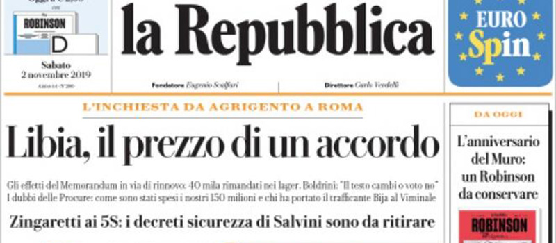 Le prime pagine dei giornali sabato 2 novembre 2019