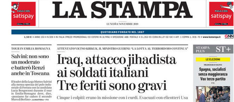 Le prime pagine dei giornali lunedì 11 novembre 2019
