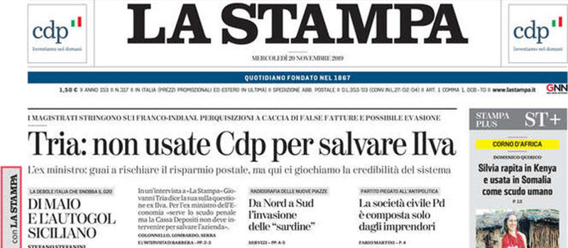 Le prime pagine dei giornali mercoledì 20 novembre 2019
