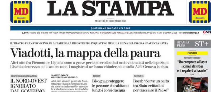 Le prime pagine dei giornali martedì 26 novembre 2019