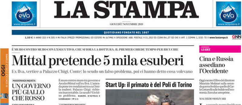 Le prime pagine dei giornali giovedì 7 novembre 2019