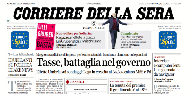 Le prime pagine dei giornali venerdì 1 novembre 2019