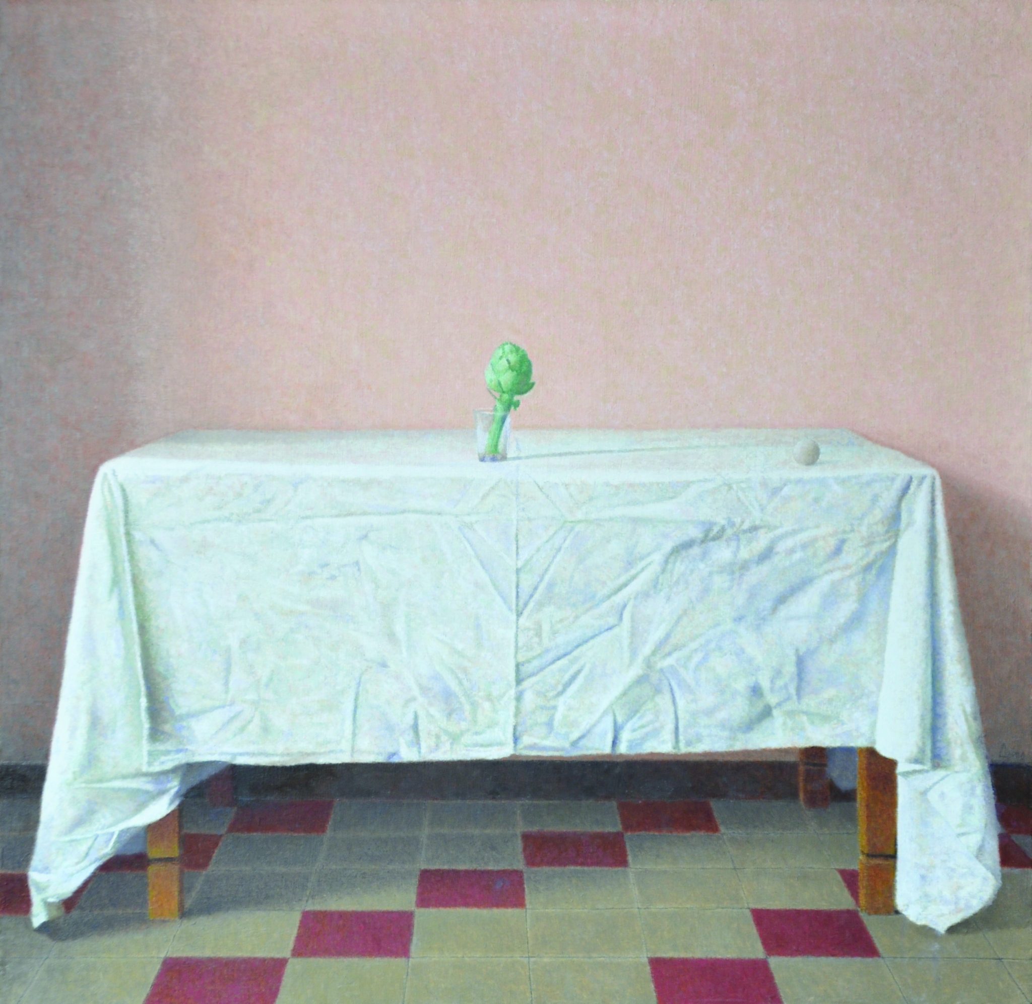 Bernardino Luino - Carciofo e pallina, 2012,tempera all'uovo e olio su tavola, cm54,5 x 54