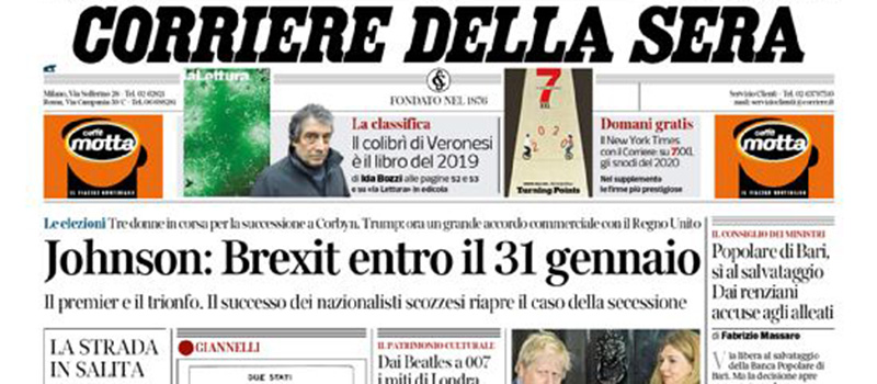 Le prime pagine dei giornali sabato 14 dicembre 2019