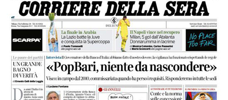 Le prime pagine dei giornali lunedì 23 dicembre 2019