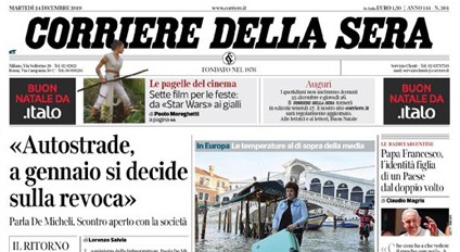 Le prime pagine dei giornali martedì 24 dicembre 2019