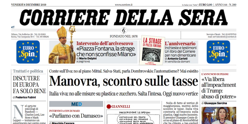 Le prime pagine dei giornali venerdì 6 dicembre 2019