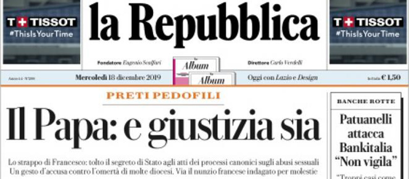 Le prime pagine dei giornali mercoledì 18 dicembre 2019