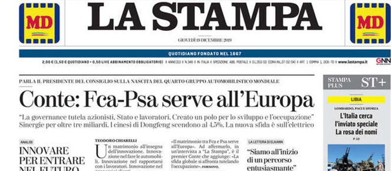 Le prime pagine dei giornali giovedì 19 dicembre 2019