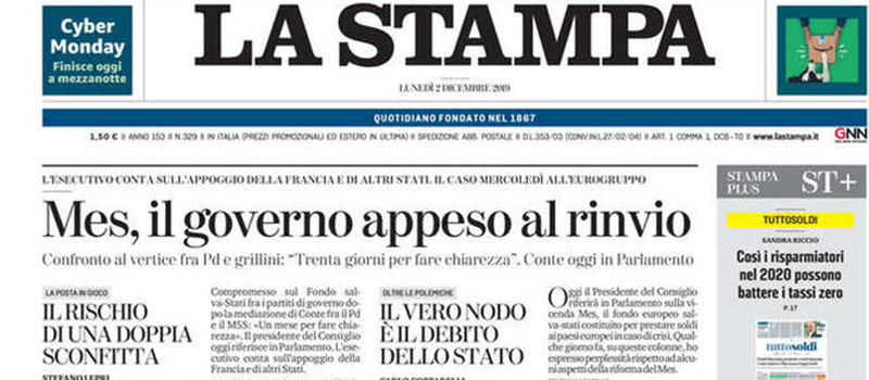 Le prime pagine dei giornali lunedì 2 dicembre 2019