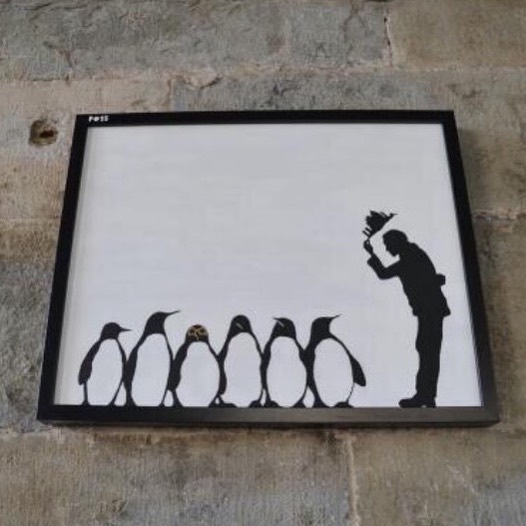 Piazza Vecchia, spunta un misterioso quadro: omaggio in stile Banksy ai Pinguini Tattici Nucleari