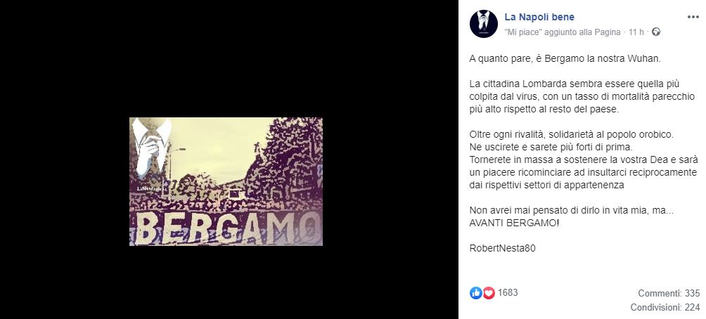 Un abbraccio da Napoli a Bergamo: «Oltre ogni rivalità, solidarietà al popolo orobico»
